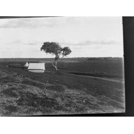 Murray River view,  two tents and a cart