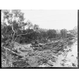 Construction of Warren Reservoir, South Australia seat of dam looking upstream showing portion of concrete mixer