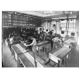 Woodwork class at the Trades School showing students