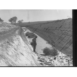 Director of Irrigation, Samuel McIntosh (Irrigation & Reclamation Works Dept) examining newly dug drainage channel at Mypolonga.