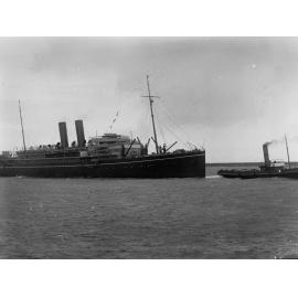 Steamship "RMS Maloja" being tugged by tug boat - Outer Harbour