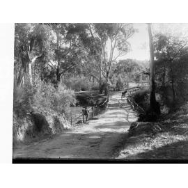 Rural Scene Showing Pathway and Bridge with Man at Side and Horse