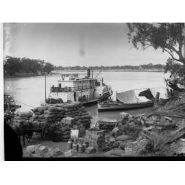 Murray River Showing Paddlesteamer and goods on dock