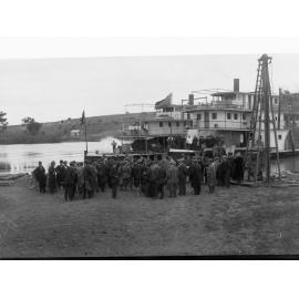 Paddlesteamers Marion and Ruby on River Murray, gathering of people on river bank