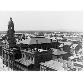 Rooftops on the east side of King William Street - shows front of Town Hall and Prince Alfred Hotel