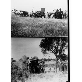 Hand winnower and motor winnower showing wheat fields with men working on machines