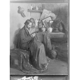 Man on a chair sewing - painting