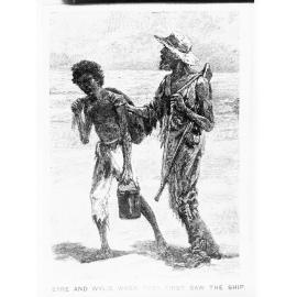 Etching of John Eyre and Wylie when first sighting a ship