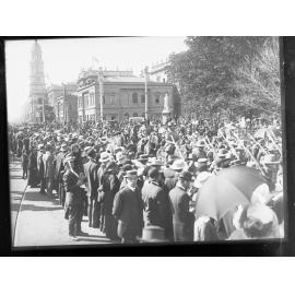 Soldiers parading past the Town Hall and Victoria Square in prepartion to leave for World War One.