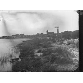 Killalpaninna Mission, view of lake showing windmill and church