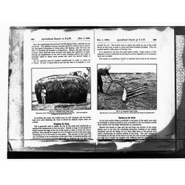 Man near haystack and man using agricultural machine