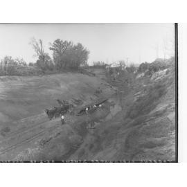 Torrens Floodwater Scheme showing draught horses and workers