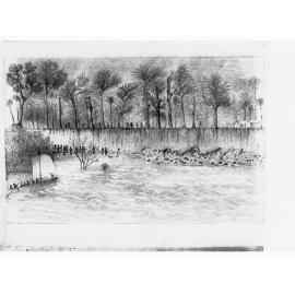 Drawing of a sailboat arriving on coast - sketch Archives Dept