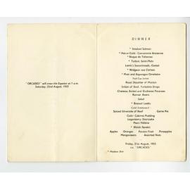 Souvenir Menu from ORCADES Commemorating Equator Crossing